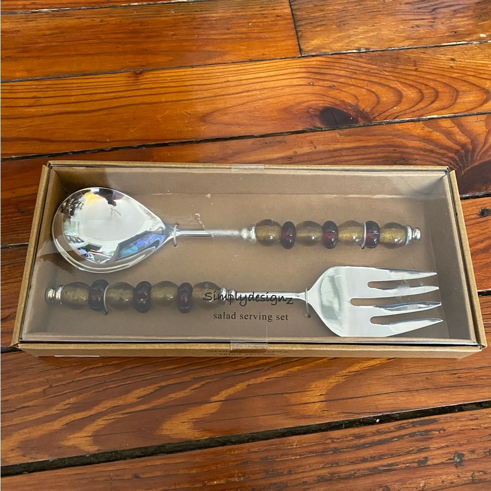 SimplyDesignz Amber Glass Handle Salad Serving Set NWT